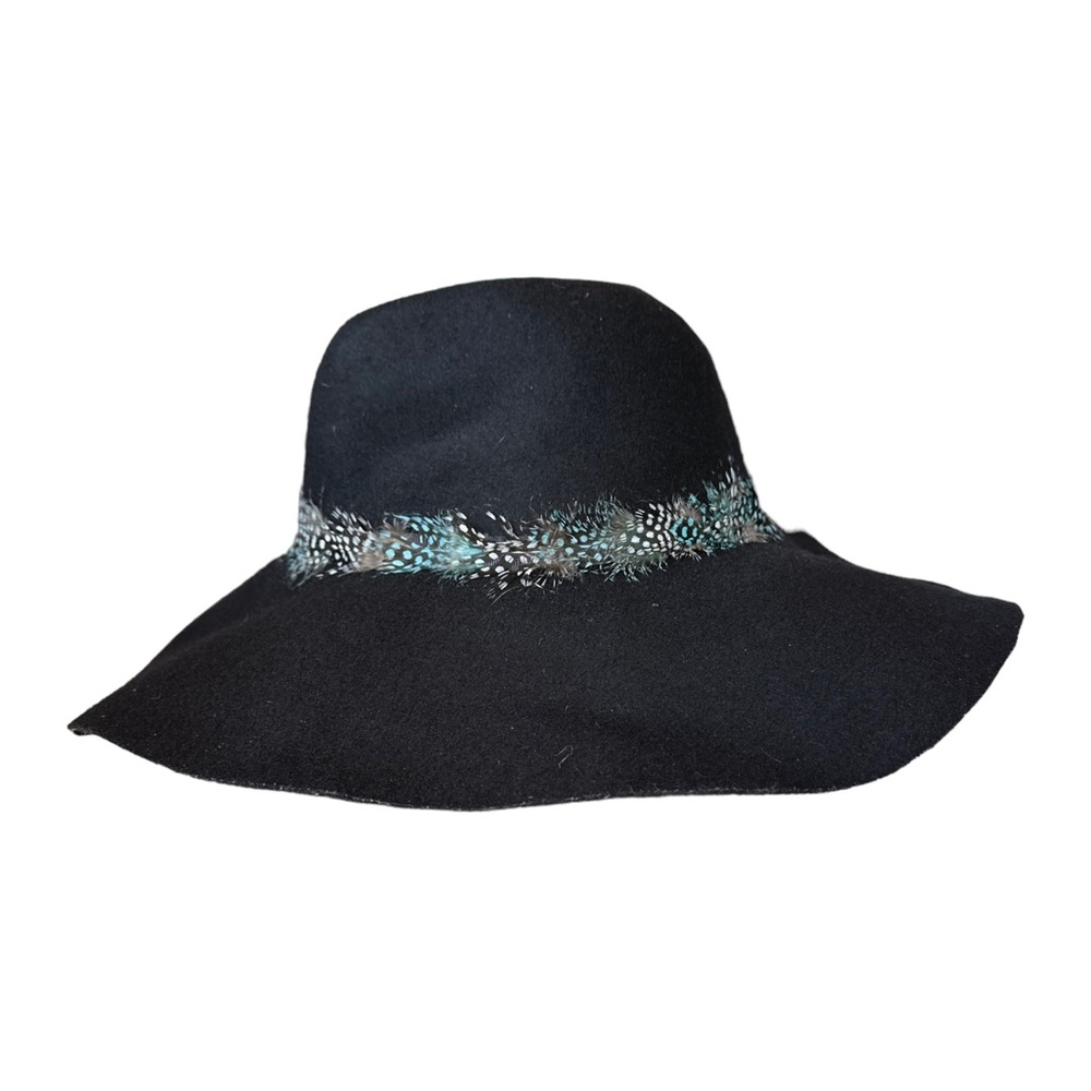 American Eagle Women’s Boho Wide Brim Floppy Hat Black 100% Wool Feather Trim